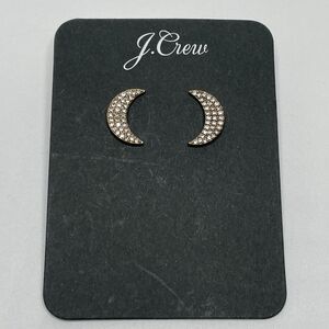 J. Crew Pavé Crystal Moon Stud Earrings Celestial Boho Dainty Gold Tone Crescent